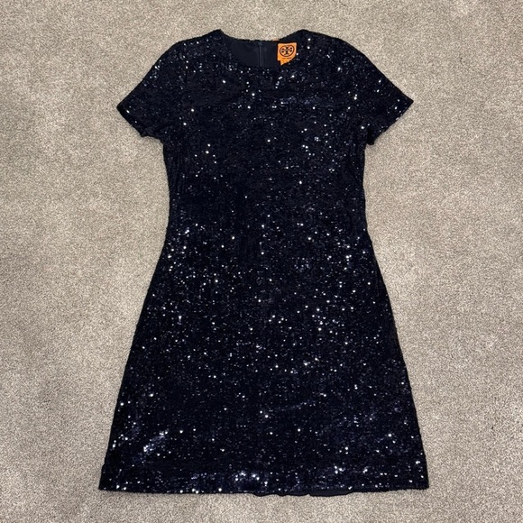 Tory Burch Sequin T-Shirt Mini Dress in Midnight Navy Blue Size Medium EUC - Picture 3 of 10